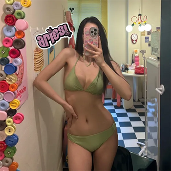 One piece set 3pcs green bikini gradient shirring OPS cover up swimsuit 3 types