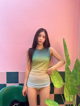 One piece set 3pcs green bikini gradient shirring OPS cover up swimsuit 3 types