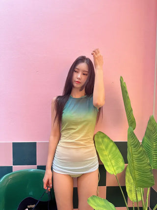 One piece set 3pcs green bikini gradient shirring OPS cover up swimsuit 3 types