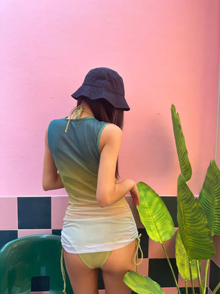 One piece set 3pcs green bikini gradient shirring OPS cover up swimsuit 3 types