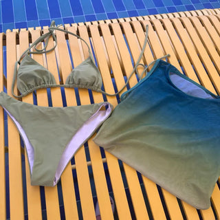 One piece set 3pcs green bikini gradient shirring OPS cover up swimsuit 3 types