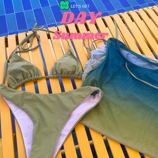One piece set 3pcs green bikini gradient shirring OPS cover up swimsuit 3 types