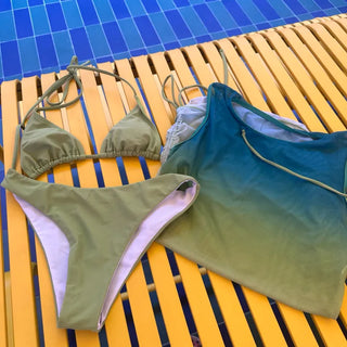 One piece set 3pcs green bikini gradient shirring OPS cover up swimsuit 3 types