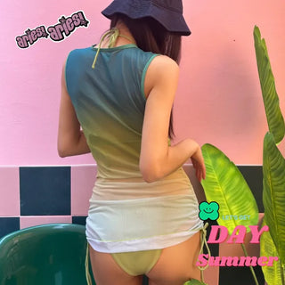 One piece set 3pcs green bikini gradient shirring OPS cover up swimsuit 3 types
