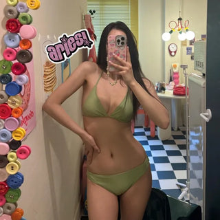 One piece set 3pcs green bikini gradient shirring OPS cover up swimsuit 3 types