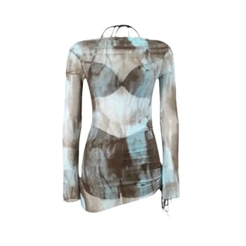 Blue & Brown Bikini + Pants + Cover Up T Shirt 3 Piece Set
