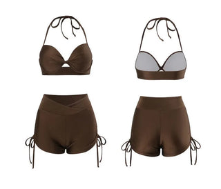 Blue & Brown Bikini + Pants + Cover Up T Shirt 3 Piece Set