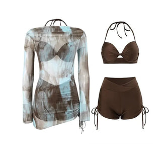 Blue & Brown Bikini + Pants + Cover Up T Shirt 3 Piece Set