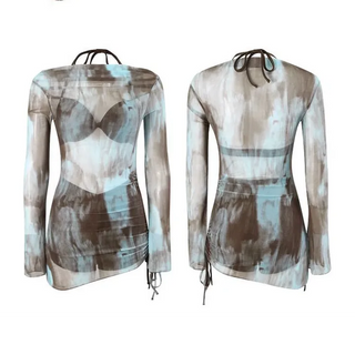 Blue & Brown Bikini + Pants + Cover Up T Shirt 3 Piece Set