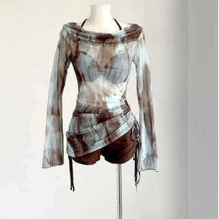 Blue & Brown Bikini + Pants + Cover Up T Shirt 3 Piece Set