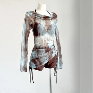 Blue & Brown Bikini + Pants + Cover Up T Shirt 3 Piece Set
