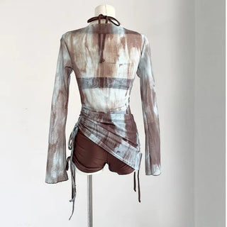 Blue & Brown Bikini + Pants + Cover Up T Shirt 3 Piece Set