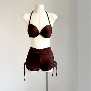Blue & Brown Bikini + Pants + Cover Up T Shirt 3 Piece Set