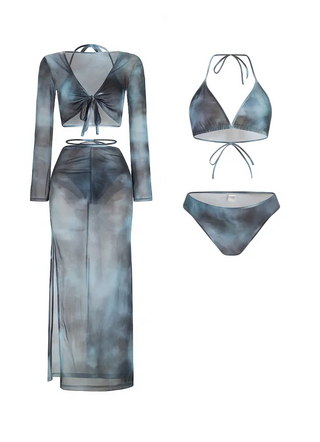 Blu ray 4pcs cover long skirt + cardigan + bikini set