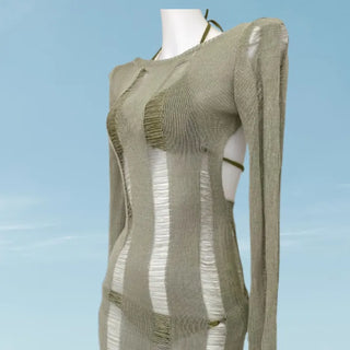 Green Knit Cover Up Swimsuit Bikini Set