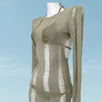 Green Knit Cover Up Swimsuit Bikini Set