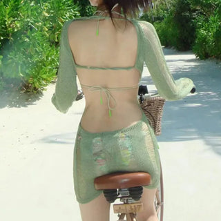 Green Knit Cover Up Swimsuit Bikini Set
