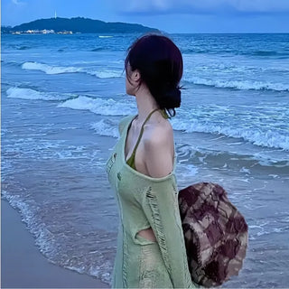 Green Knit Cover Up Swimsuit Bikini Set