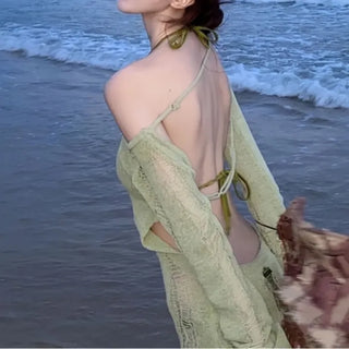 Green Knit Cover Up Swimsuit Bikini Set