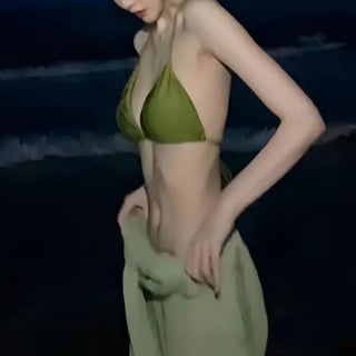 Green Knit Cover Up Swimsuit Bikini Set