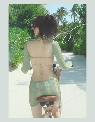 Green Knit Cover Up Swimsuit Bikini Set