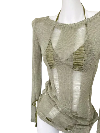 Green Knit Cover Up Swimsuit Bikini Set