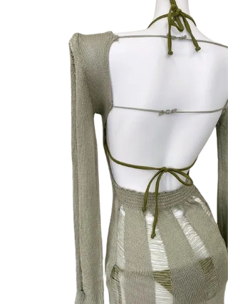 Green Knit Cover Up Swimsuit Bikini Set