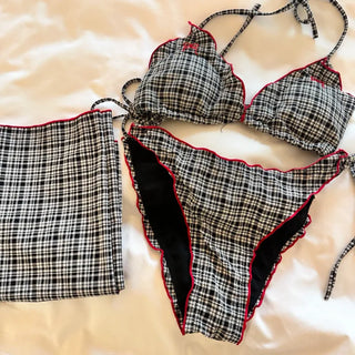 Kitsch Mood Check Cover Up Skirt 3 Piece Set Bikini Black Blue