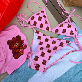 Pink Teddy Bear Bikini Pants 3 Piece Swimsuit Set Cover Up Swimwear Beachwear
