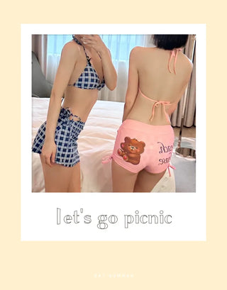 Pink Teddy Bear Bikini Pants 3 Piece Swimsuit Set Cover Up Swimwear Beachwear