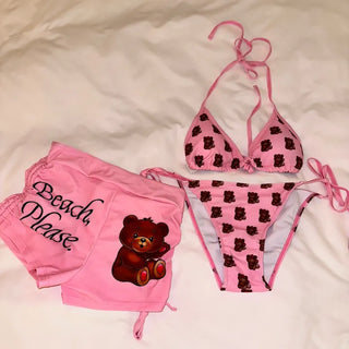 Pink Teddy Bear Bikini Pants 3 Piece Swimsuit Set Cover Up Swimwear Beachwear