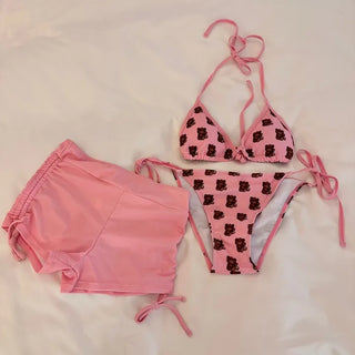 Pink Teddy Bear Bikini Pants 3 Piece Swimsuit Set Cover Up Swimwear Beachwear