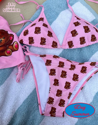 Pink Teddy Bear Bikini Pants 3 Piece Swimsuit Set Cover Up Swimwear Beachwear