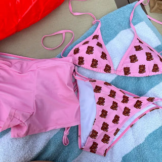 Pink Teddy Bear Bikini Pants 3 Piece Swimsuit Set Cover Up Swimwear Beachwear