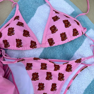 Pink Teddy Bear Bikini Pants 3 Piece Swimsuit Set Cover Up Swimwear Beachwear