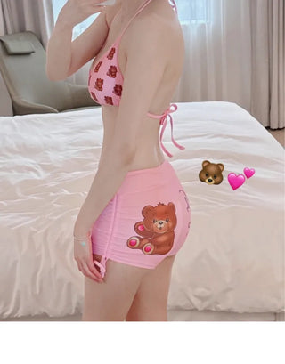 Pink Teddy Bear Bikini Pants 3 Piece Swimsuit Set Cover Up Swimwear Beachwear
