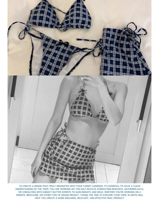 Check bikini skirt 3 piece swimsuit set with string bikini
