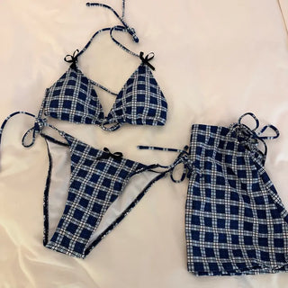 Check bikini skirt 3 piece swimsuit set with string bikini