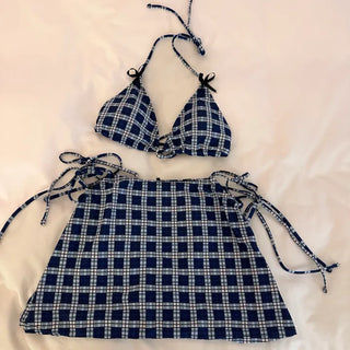 Check bikini skirt 3 piece swimsuit set with string bikini