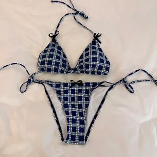 Check bikini skirt 3 piece swimsuit set with string bikini