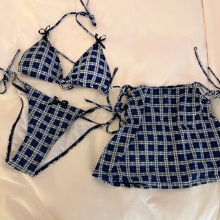 Check bikini skirt 3 piece swimsuit set with string bikini