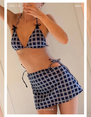 Check bikini skirt 3 piece swimsuit set with string bikini