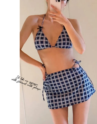 Check bikini skirt 3 piece swimsuit set with string bikini