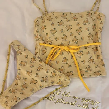 Yellow Floral Tube Top Bikini Set Beachwear