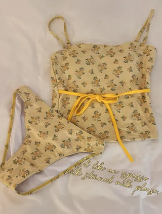 Yellow Floral Tube Top Bikini Set Beachwear