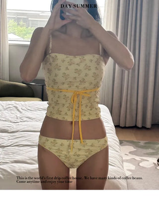 Yellow Floral Tube Top Bikini Set Beachwear