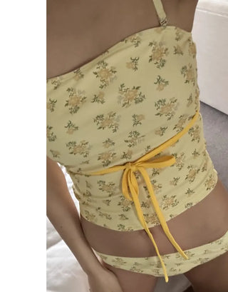Yellow Floral Tube Top Bikini Set Beachwear