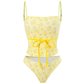 Yellow Floral Tube Top Bikini Set Beachwear