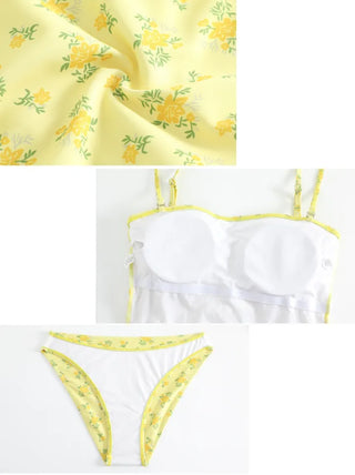 Yellow Floral Tube Top Bikini Set Beachwear