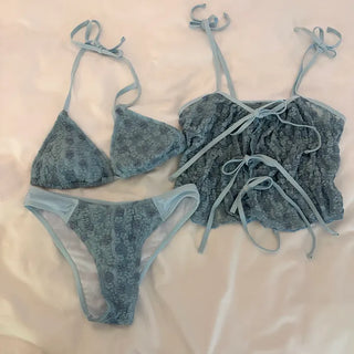 Sky Lace 3 piece Bikini Set Cover up Beachwear